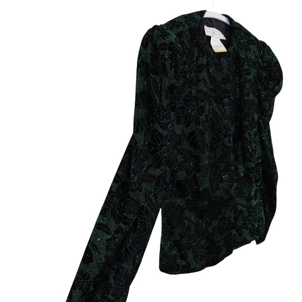 Vintage JESSICA MCCLINTOCK Size 12 Black Green Velvet Sparkle Puff Sleeve Jacket - Picture 3 of 7